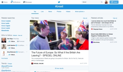 #Sur les réseaux sociaux, le Brexit est rapidement devenu l’un des hashtags les plus utilisés depuis que la GB s’est prononcée en faveur de la sortie de l’UE (photo : capture d’écran Twitter) 