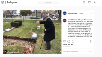 Le tout nouveau citoyen israélien, Dr Michael Okunieff, salue une dernière fois la tombe de sa femme à Chicago avant de s’envoler pour Israël (photo : Instagram Nefesh BeNefesh)