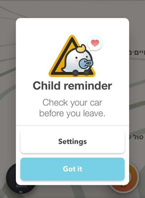 Voici comment Waze rappelle au conducteur qu’il ne doit pas oublier l’enfant peut-être endormi installé sur le siège arrière (photo : capture d‘écran)