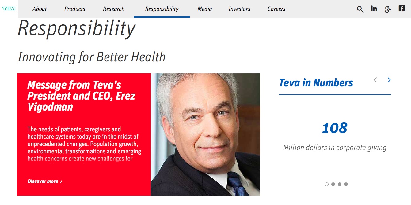 La compagnie pharmaceutique israélienne Teva consacre chaque année 108 millions de dollars à des dons (photo : capture d’écran du site TEVA)