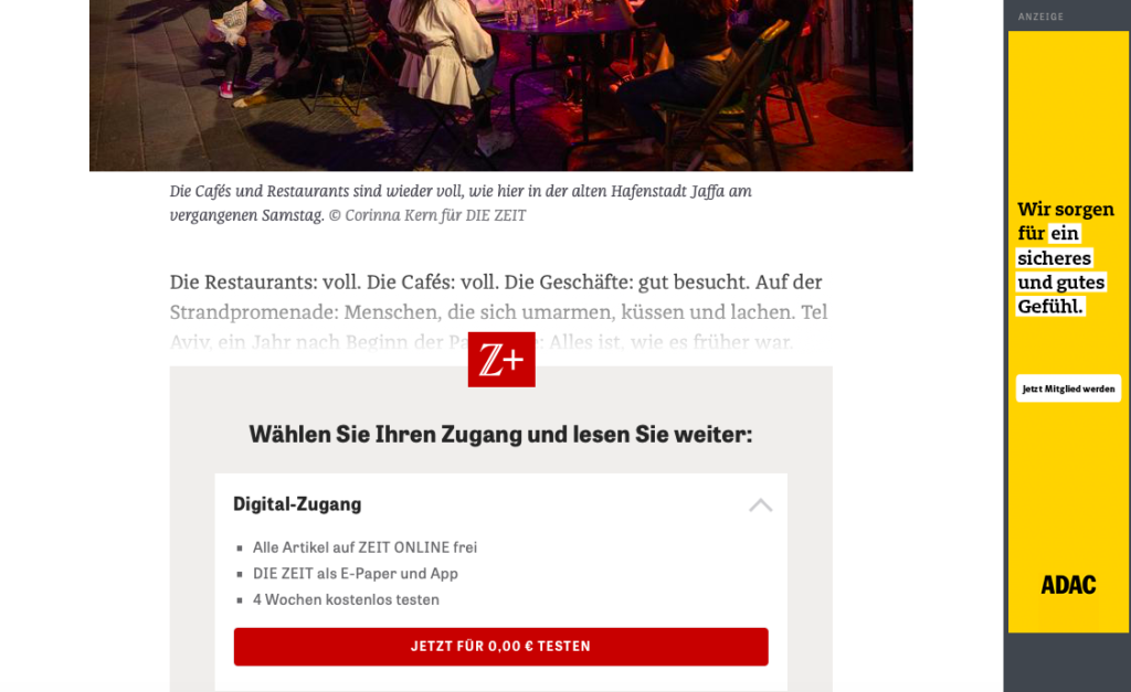 Quatre semaines gratuites puis 21,60 euros par mois pour s’abonner au quotidien allemand Die Zeit. Une nouvelle start up israélienne veut permettre aux lecteurs en ligne de payer à l’article (photo : capture d’écran)