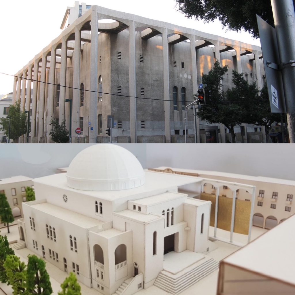 La synagogue telle qu’elle est actuellement (photo : Yair Haklai/Wikimedia Commons) et telle qu’elle sera après les travaux dirigés par l’architecte Uri Padan (photo : UP Architects).